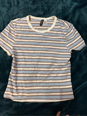 H&M Striped Crewneck Tee in Light Blue, Brown and White